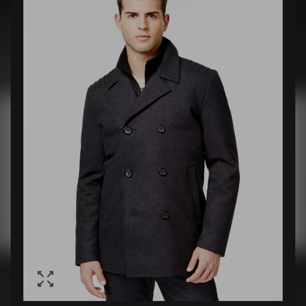 Guess Mens Black Wool Double Breasted Trench Coat Medium Fit Like New